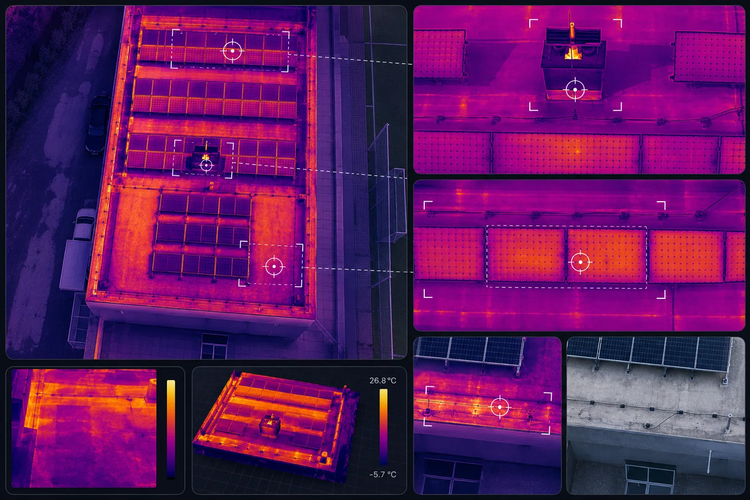Termovizní analýza FVE ve vlastním softwaru — přehledový termogram, měřicí body a 3D termální model