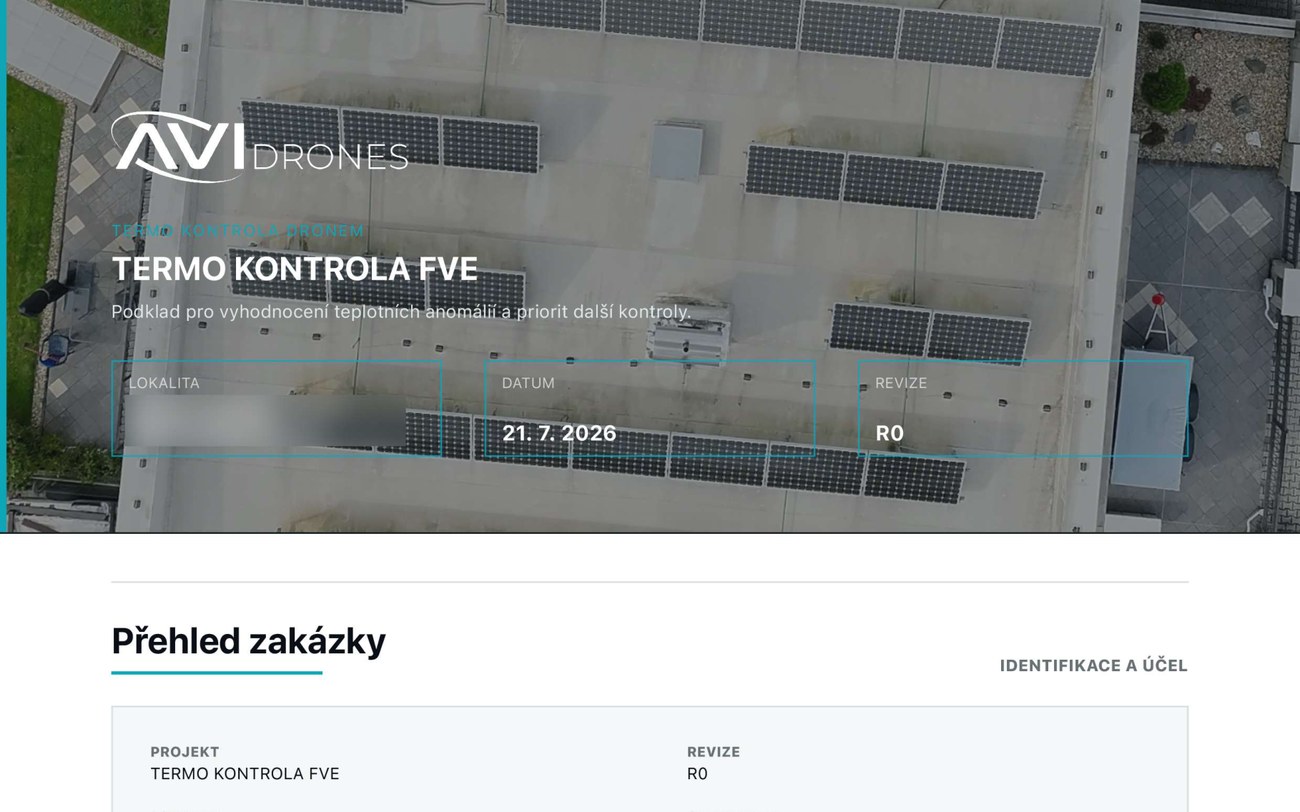 Report FVE — titulní strana a přehled zakázky